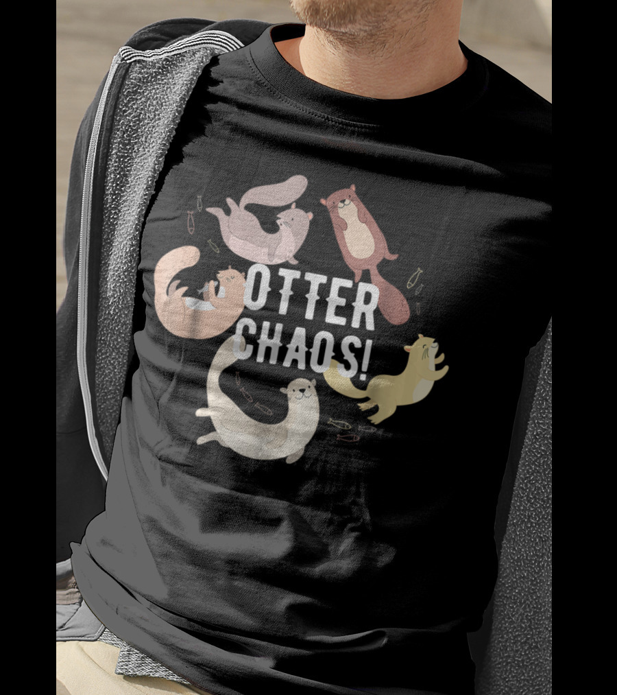 Otter Chaos Playful Otters Tumbling With Fish T-Shirt