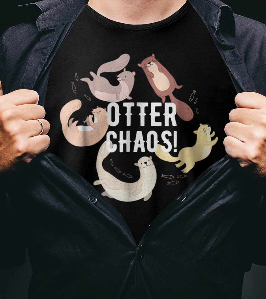 Otter Chaos Playful Otters Tumbling With Fish T-Shirt