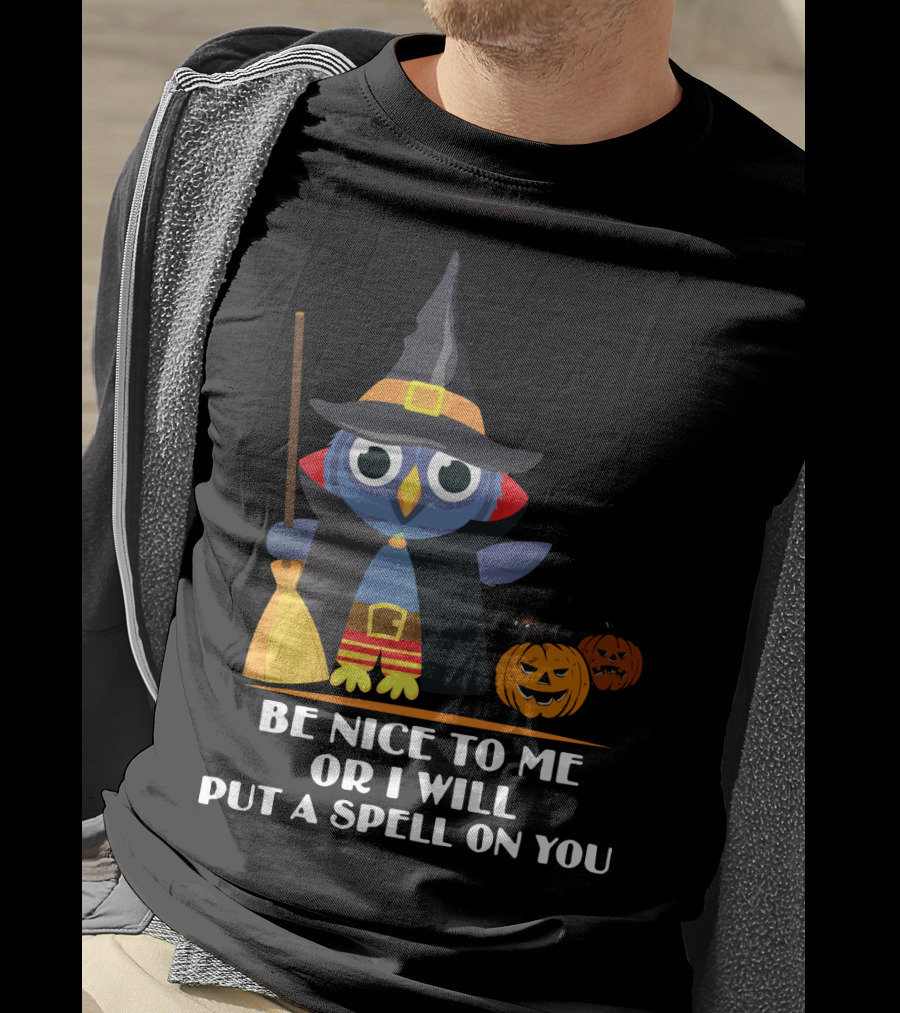 Be Nice To Me Or I Will Put A Spell On You Halloween Owl Witch Broom Pumpkins T-Shirt