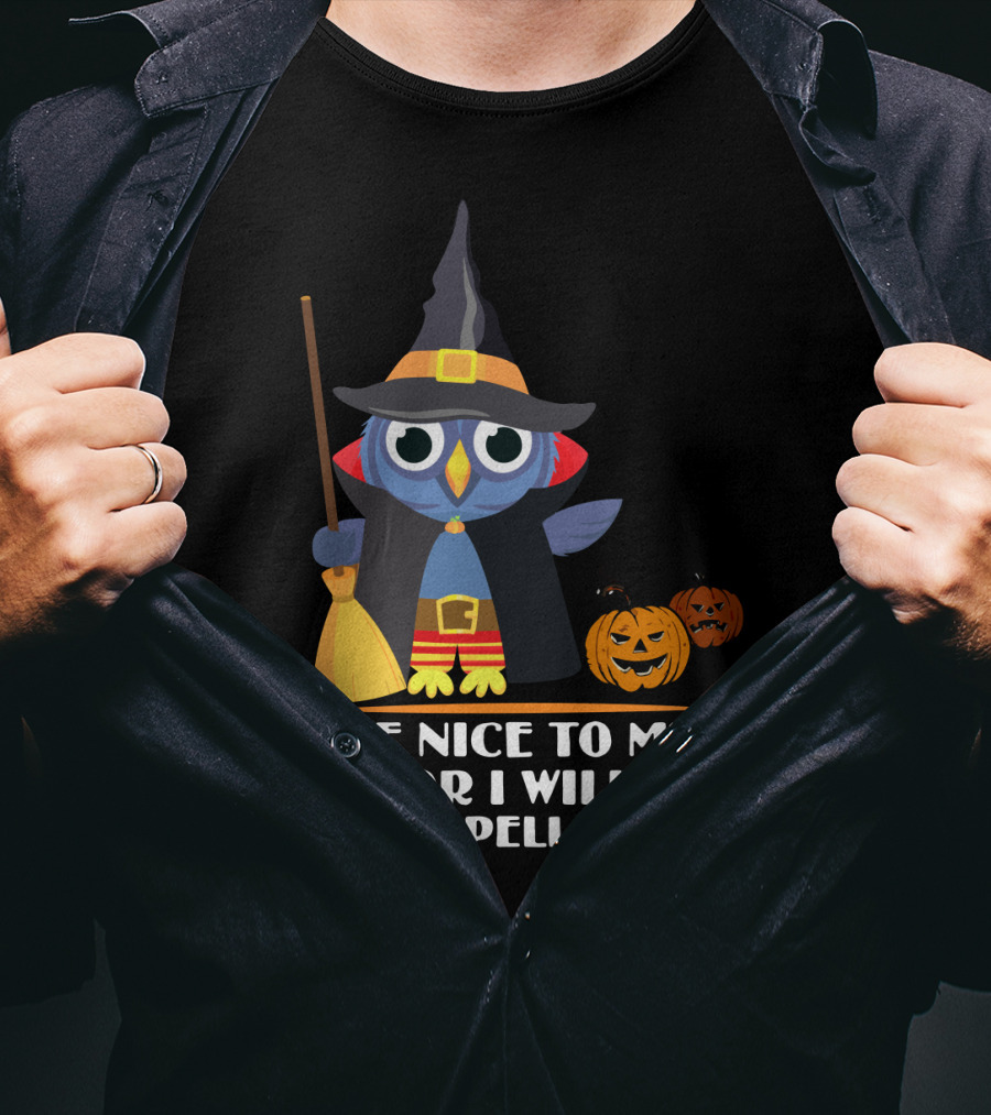 Be Nice To Me Or I Will Put A Spell On You Halloween Owl Witch Broom Pumpkins T-Shirt