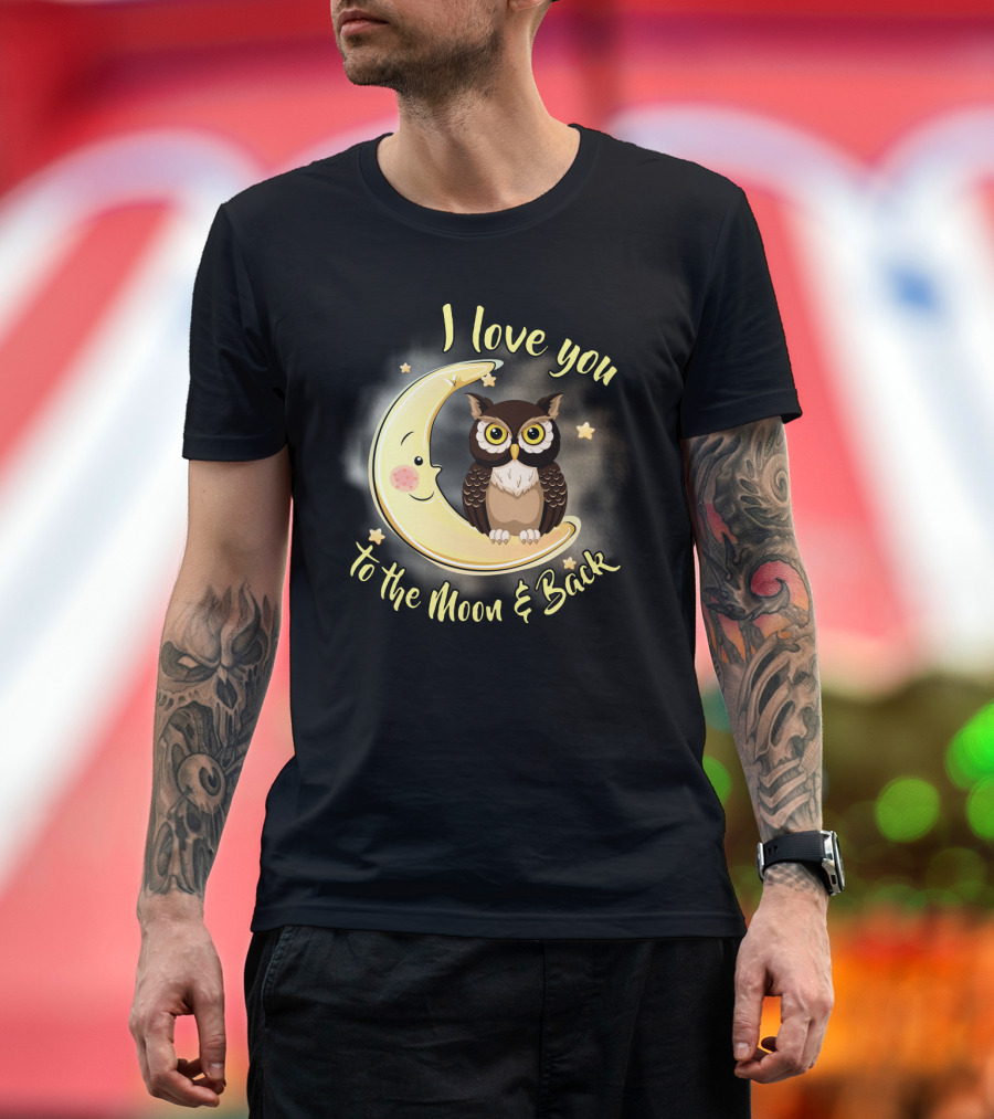 I Love You to the Moon and Back Owl on Smiling Clown Moon with Stars T-Shirt