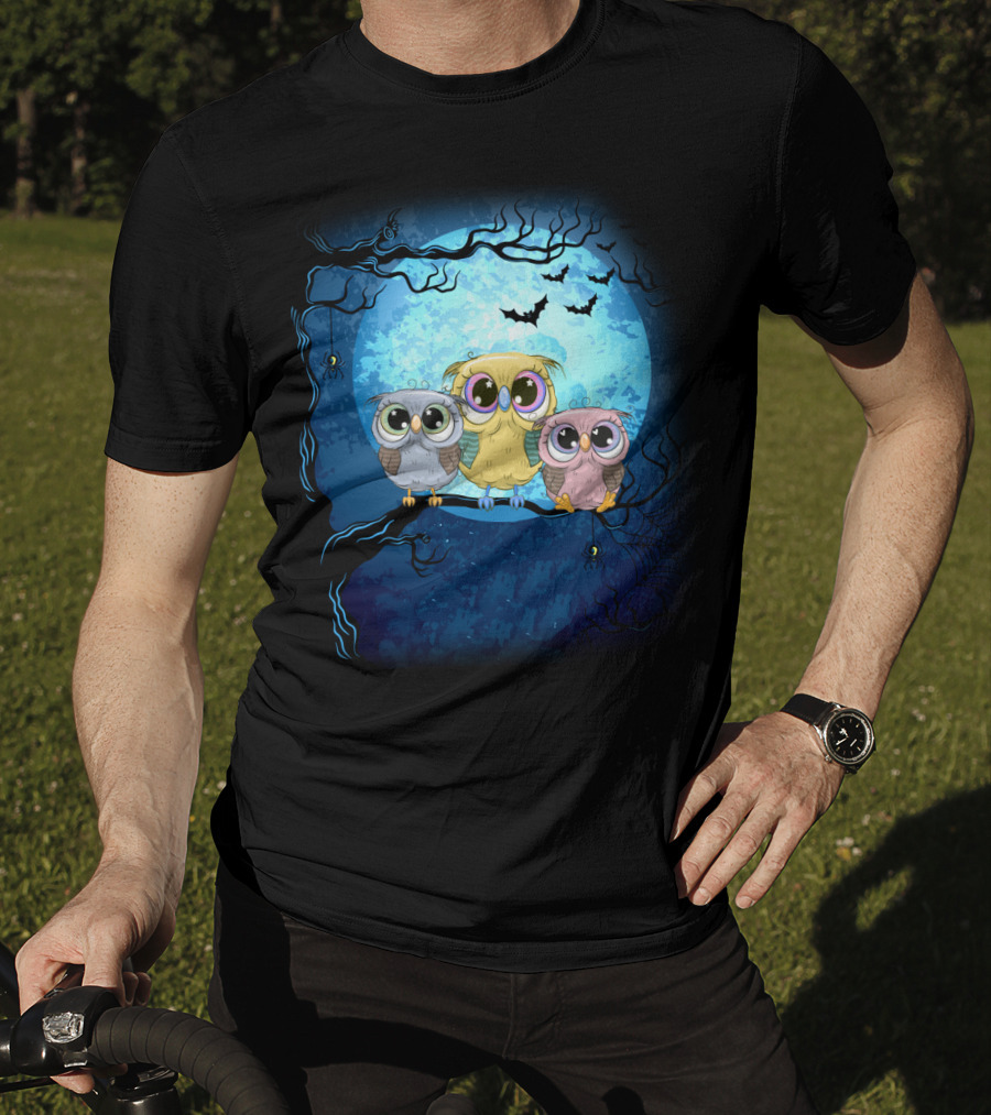 Night Family Owls Under Full Moon With Bats And Spiders T-Shirt