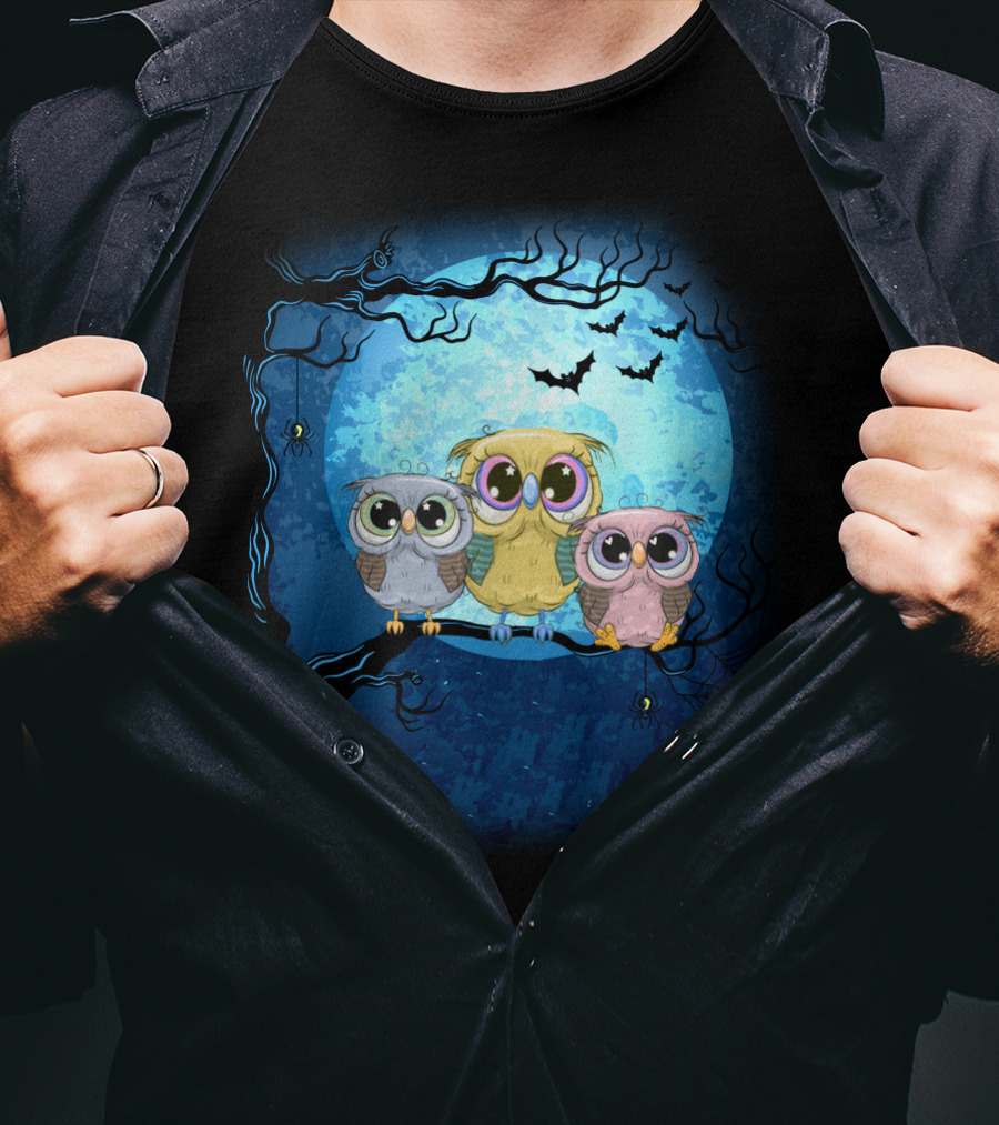 Night Family Owls Under Full Moon With Bats And Spiders T-Shirt