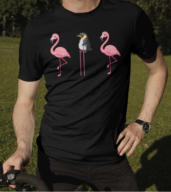 Flamingo Penguin On Stilts Flamingo Lover Scene With Two Pink Flamingos T-Shirt