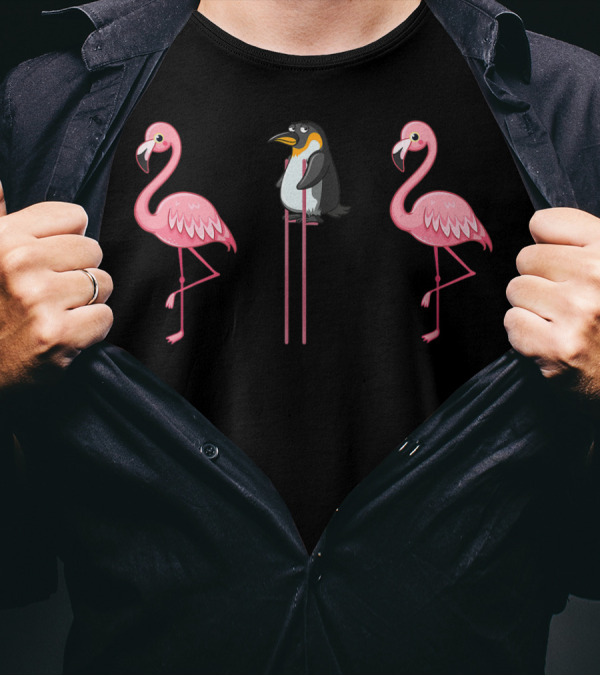 Flamingo Penguin On Stilts Flamingo Lover Scene With Two Pink Flamingos T-Shirt