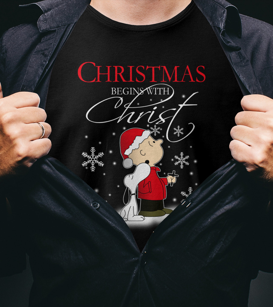 Christmas Begins With Christ Snoopy The Peanuts Movie Charlie Brown Snowflakes T-Shirt