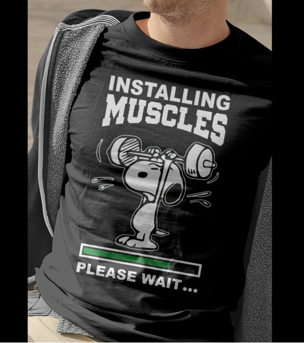 Installing Muscles Please Wait Snoopy Lifting Weights Peanuts T-Shirt