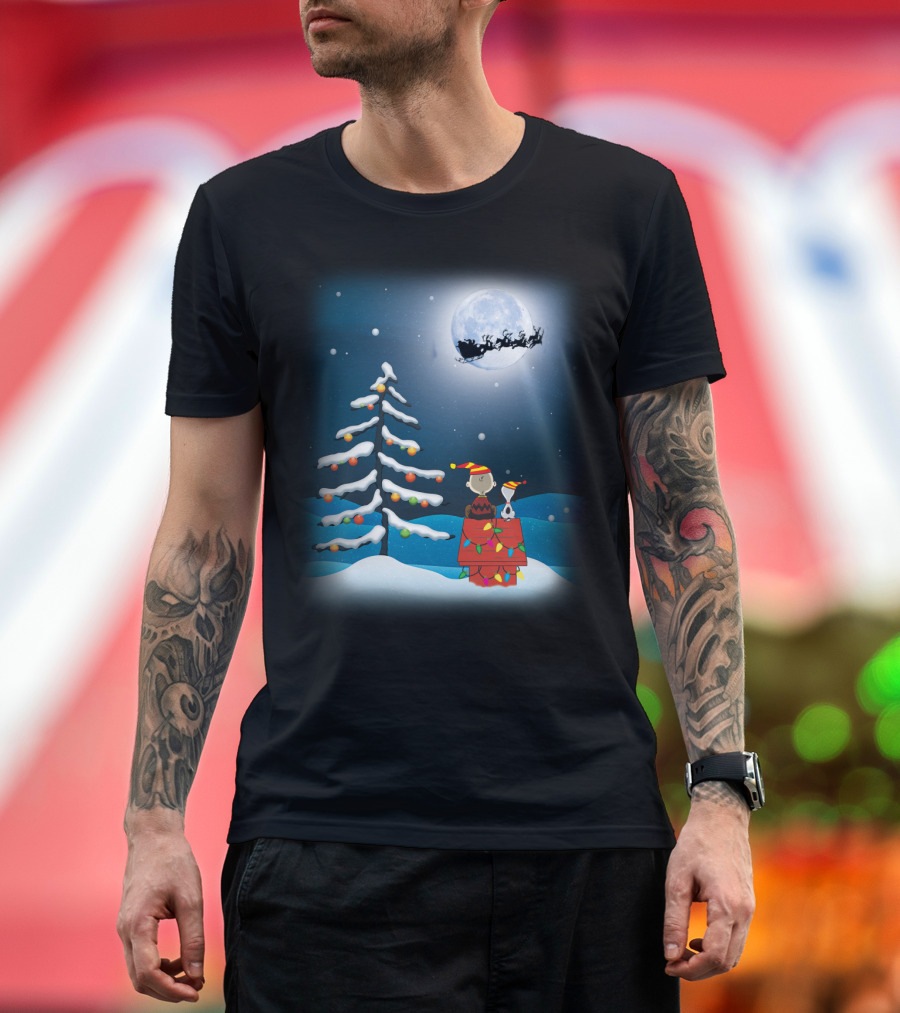 Noel Night Snoopy Peanuts Movie Christmas Scene Santa Sleigh Winter Tree with Lights T-Shirt