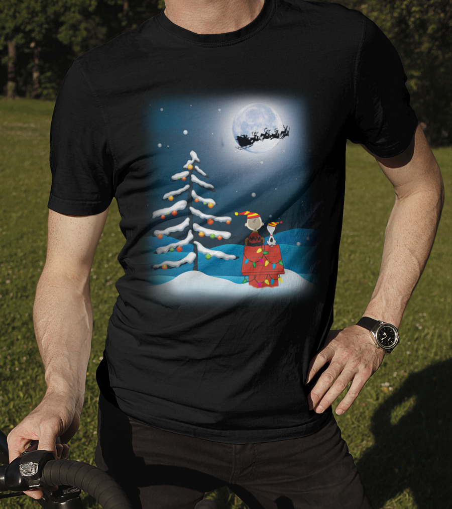Noel Night Snoopy Peanuts Movie Christmas Scene Santa Sleigh Winter Tree With Lights T-Shirt