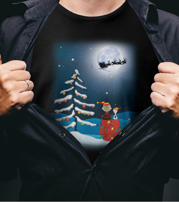 Noel Night Snoopy Peanuts Movie Christmas Scene Santa Sleigh Winter Tree With Lights T-Shirt