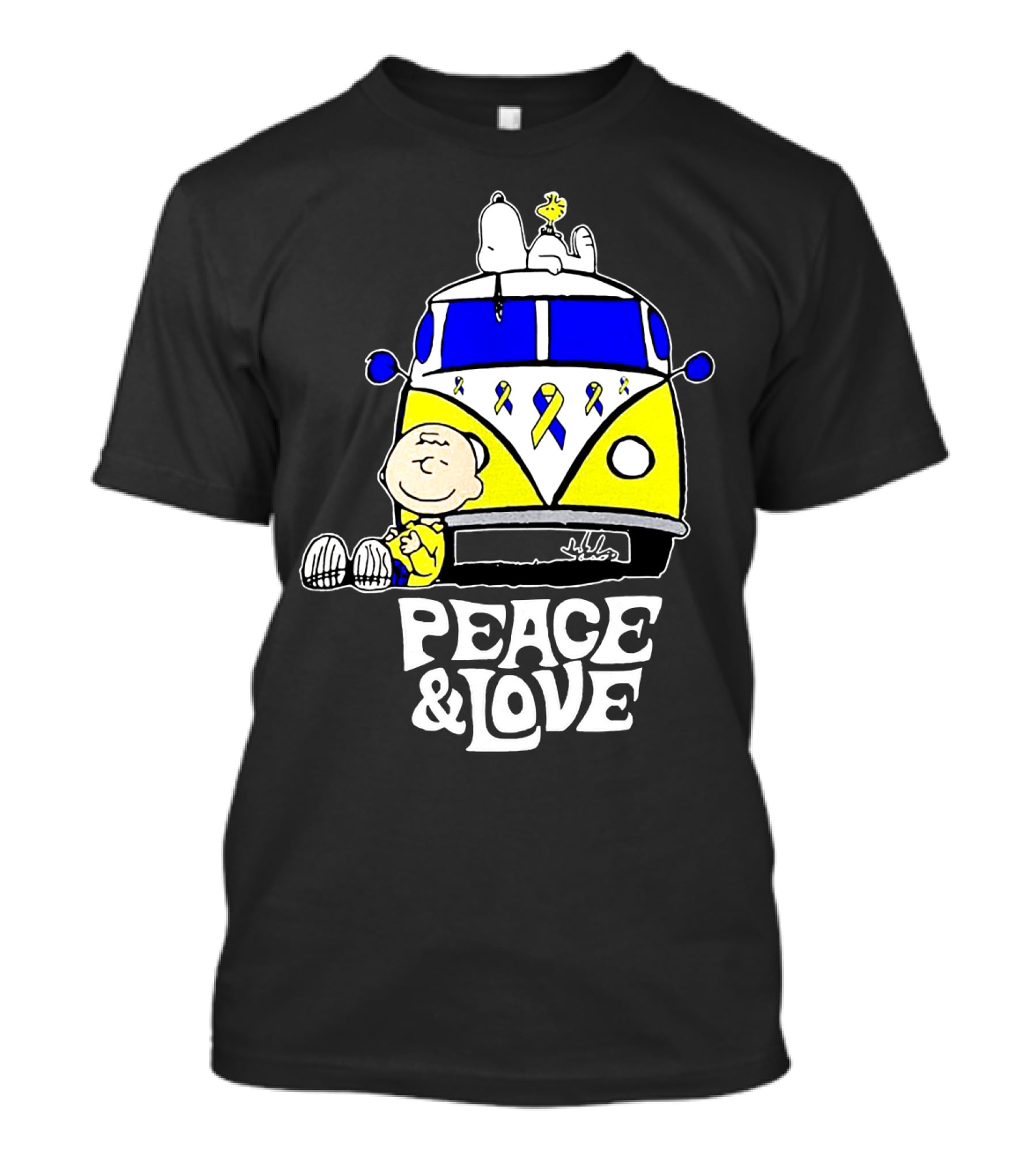 Peace And Love Snoopy Woodstock Yellow Ribbon Van Peanuts Cancer Warrior T-Shirt