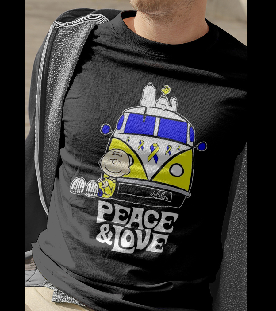Peace And Love Snoopy Woodstock Yellow Ribbon Van Peanuts Cancer Warrior T-Shirt