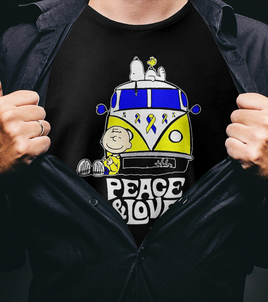Peace And Love Snoopy Woodstock Yellow Ribbon Van Peanuts Cancer Warrior T-Shirt