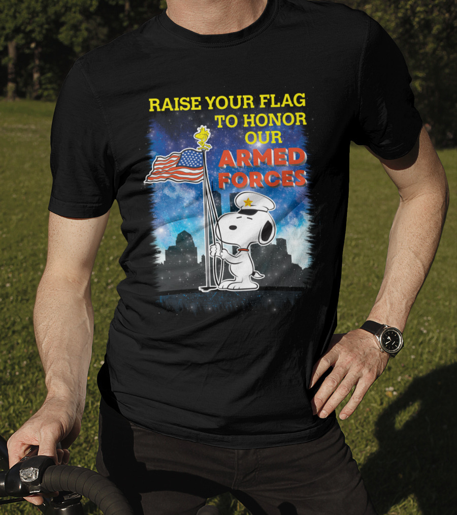 Raise Your Flag To Honor Our Armed Forces With Snoopy From The Peanuts Movie T-Shirt