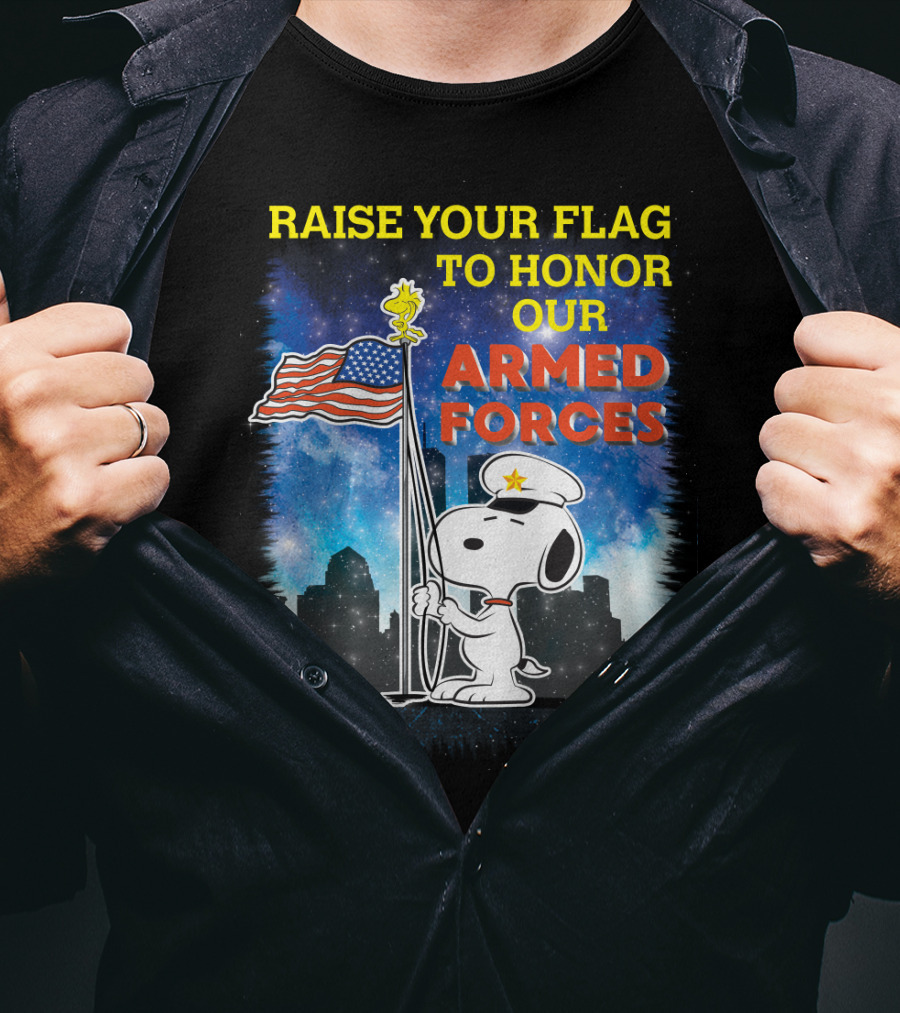Raise Your Flag To Honor Our Armed Forces With Snoopy From The Peanuts Movie T-Shirt