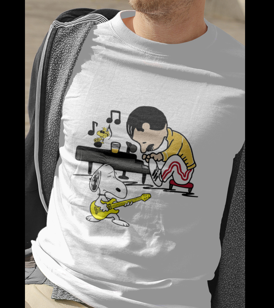 Freddie Mercury Playing Piano With Snoopy Guitar Peanuts Movie Scene T-Shirt