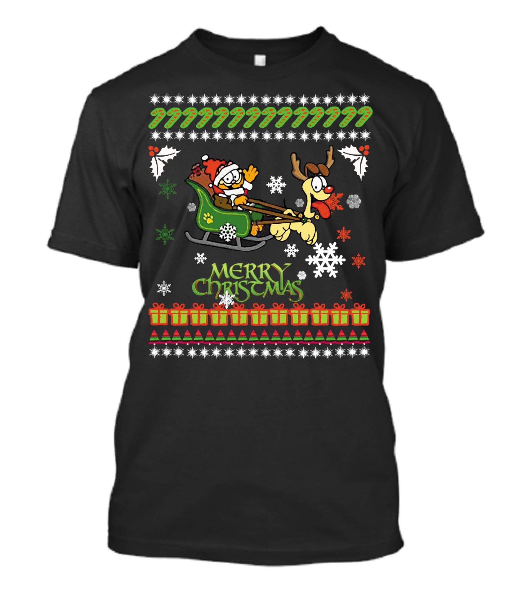 Merry Christmas Garfield Santa Sleigh With Reindeer Odie Snowflakes And Holly T-Shirt