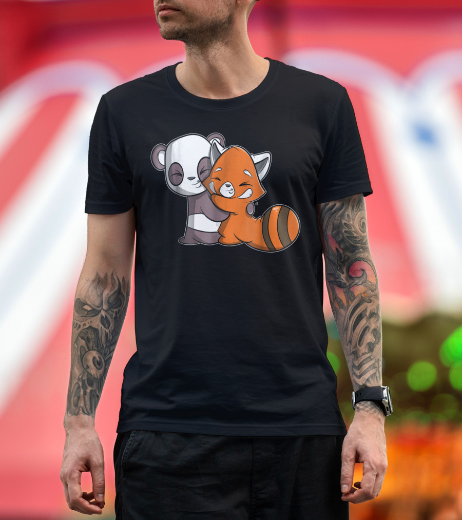 Cute Kawaii Panda Embrace Red Panda Hugging Adorable Friends T-Shirt