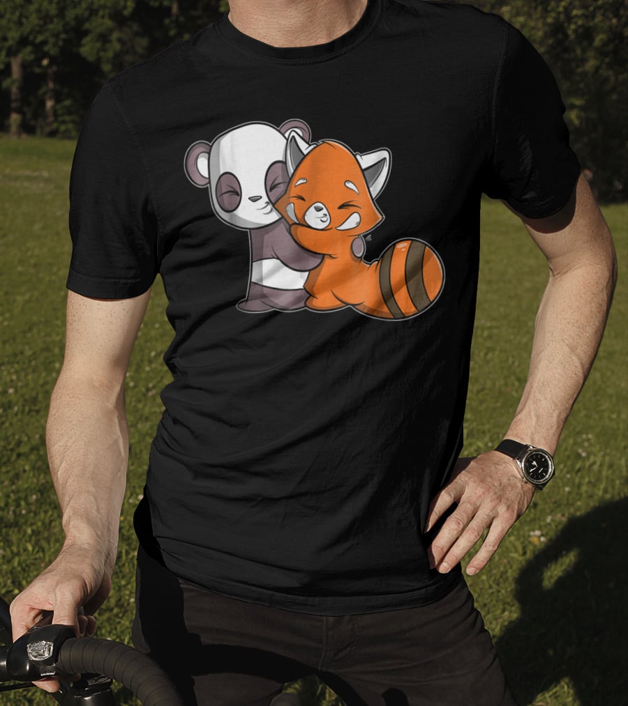 Cute Kawaii Panda Embrace Red Panda Hugging Adorable Friends T-Shirt
