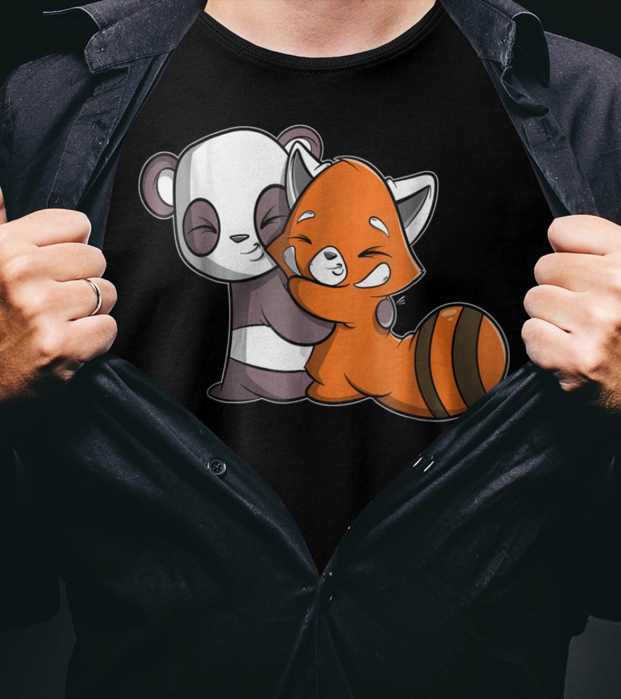 Cute Kawaii Panda Embrace Red Panda Hugging Adorable Friends T-Shirt