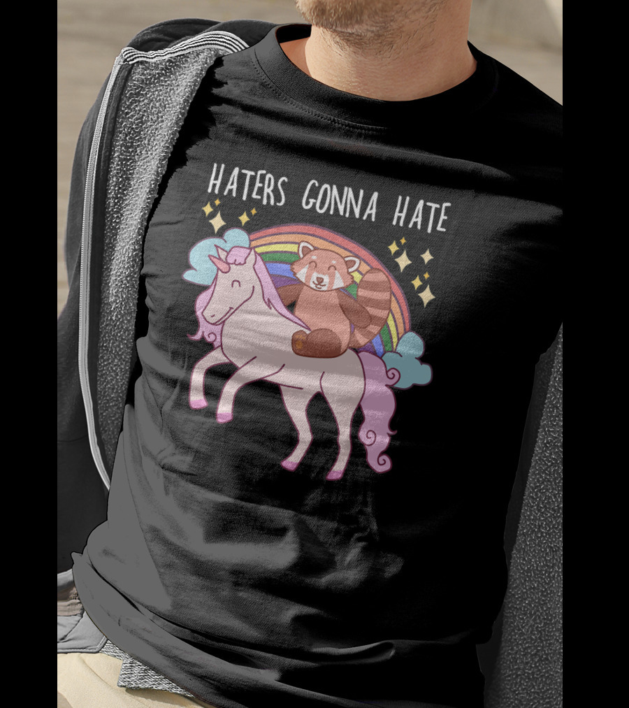 Haters Gonna Hate Red Panda Riding Unicorn With Rainbow And Stars T-Shirt