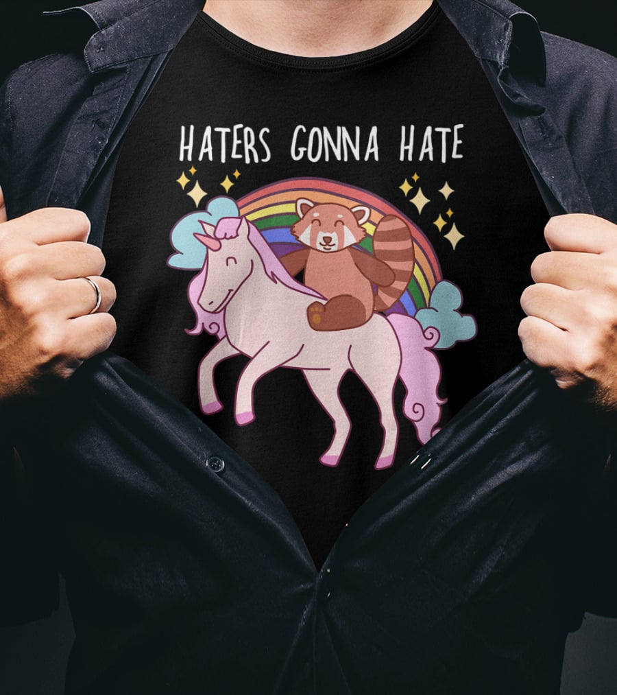 Haters Gonna Hate Red Panda Riding Unicorn With Rainbow And Stars T-Shirt