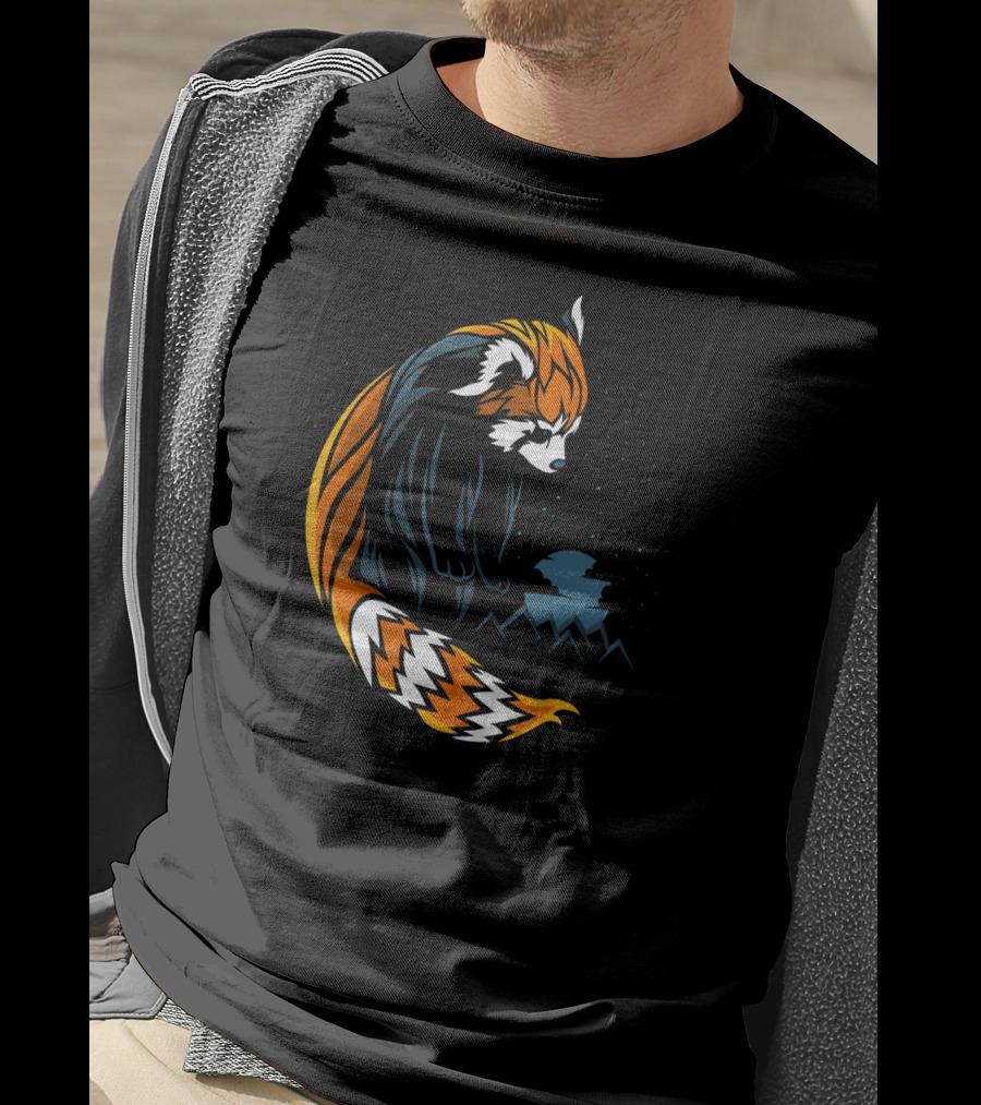 Red Panda Tattoo Style With Mountains And Night Sky T-Shirt