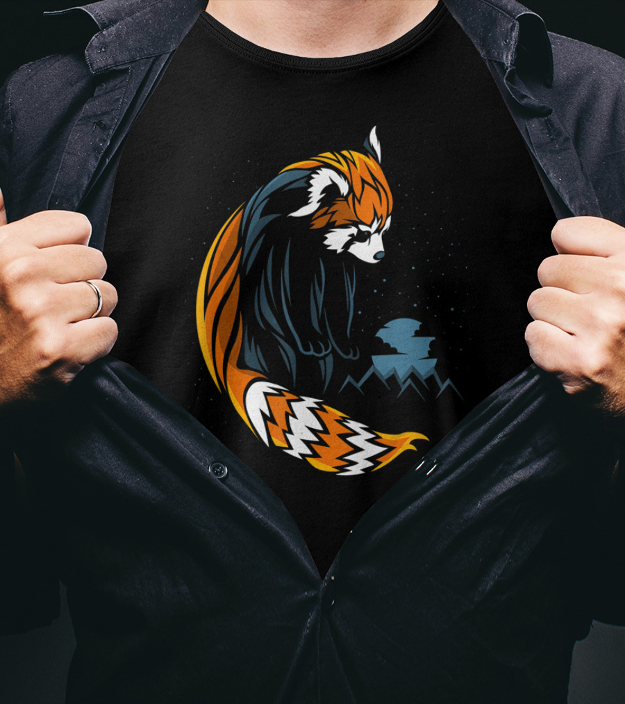 Red Panda Tattoo Style With Mountains And Night Sky T-Shirt