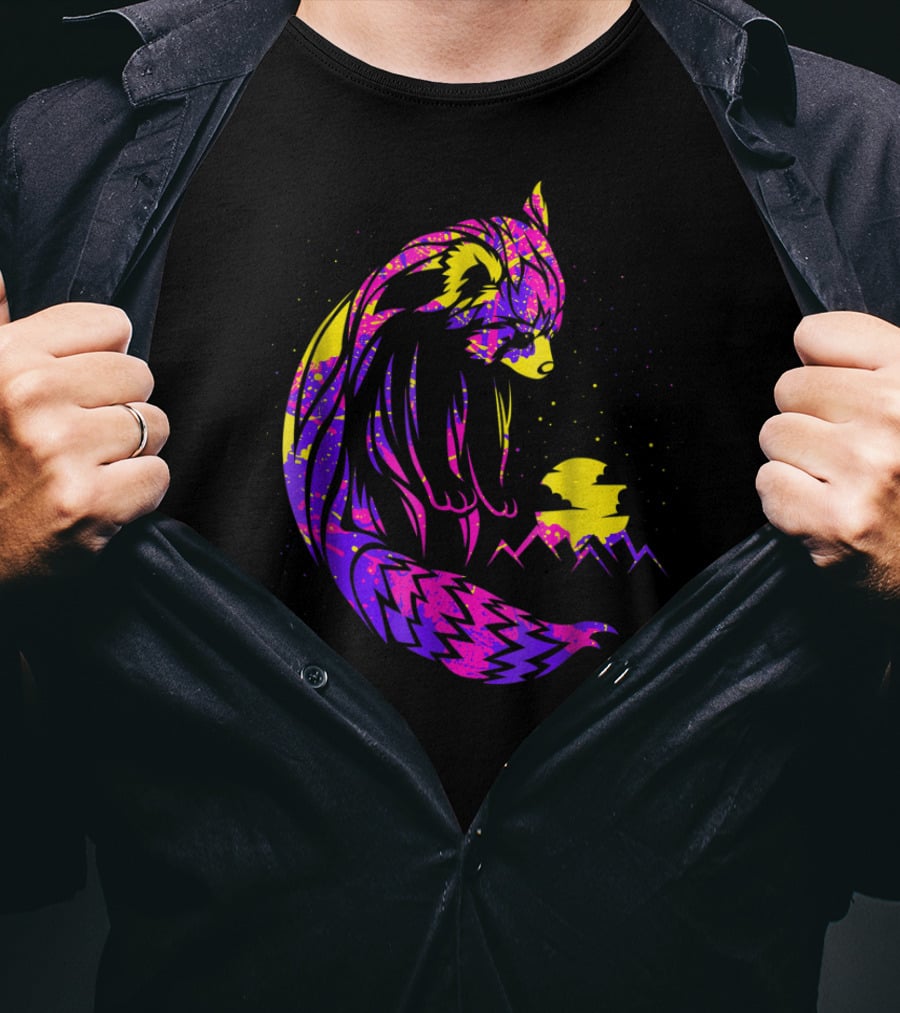 Red Panda Tribal Neon Night Mountains T-Shirt
