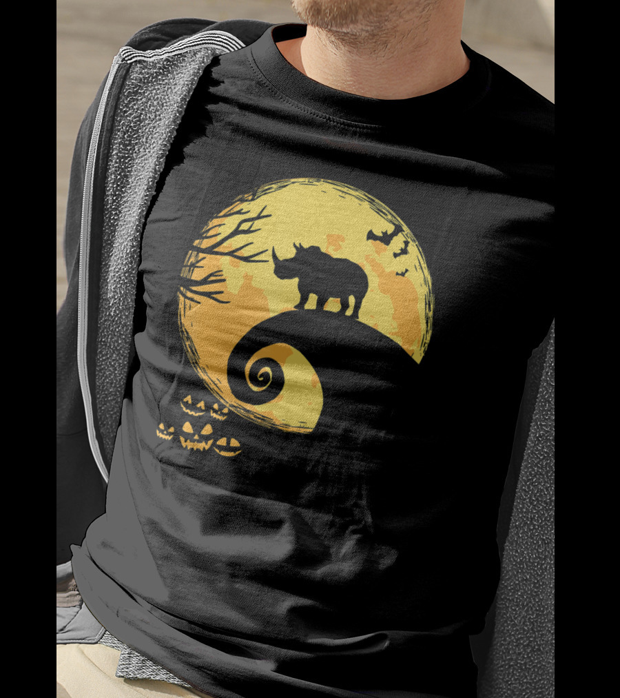 Funny Rhino And Moon Halloween Parody With Jack-O'-Lanterns And Bat T-Shirt