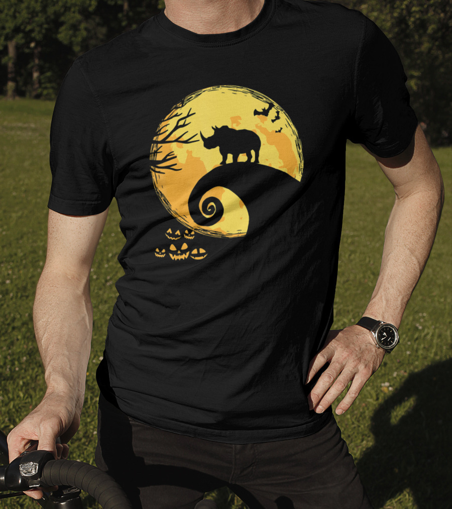 Funny Rhino And Moon Halloween Parody With Jack-O'-Lanterns And Bat T-Shirt