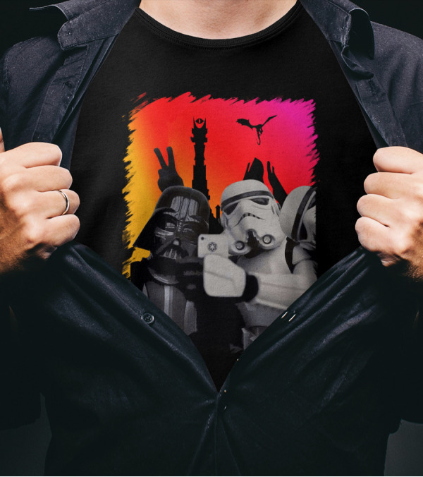 Darth Vader And Stormtroopers Taking Selfie In Mordor With Mount Doom And Sauron's Eye Star Wars Crossover T-Shirt