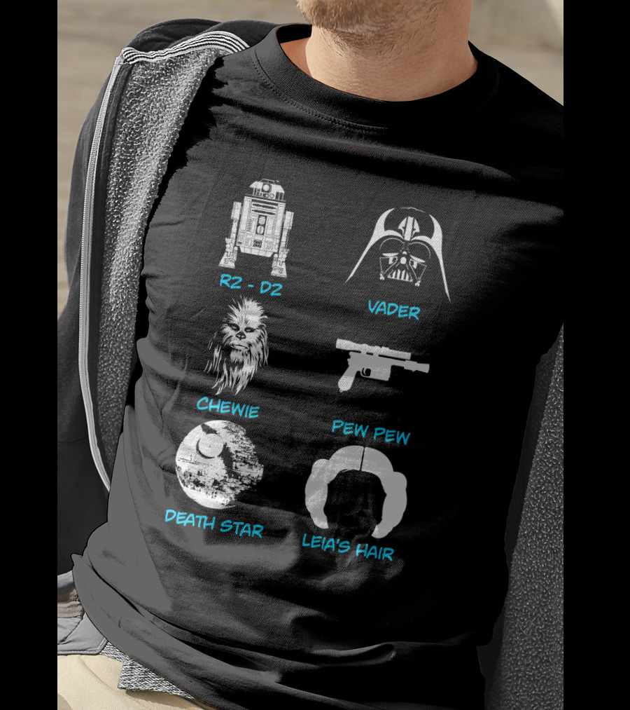 R2-D2 Darth Vader Chewie Pew Pew Death Star Leia's Hair T-Shirt