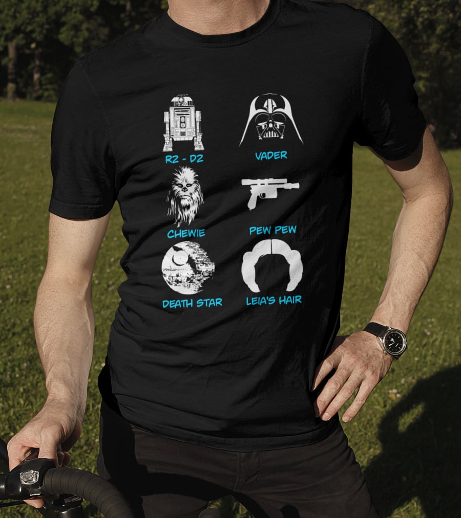 R2-D2 Darth Vader Chewie Pew Pew Death Star Leia's Hair T-Shirt
