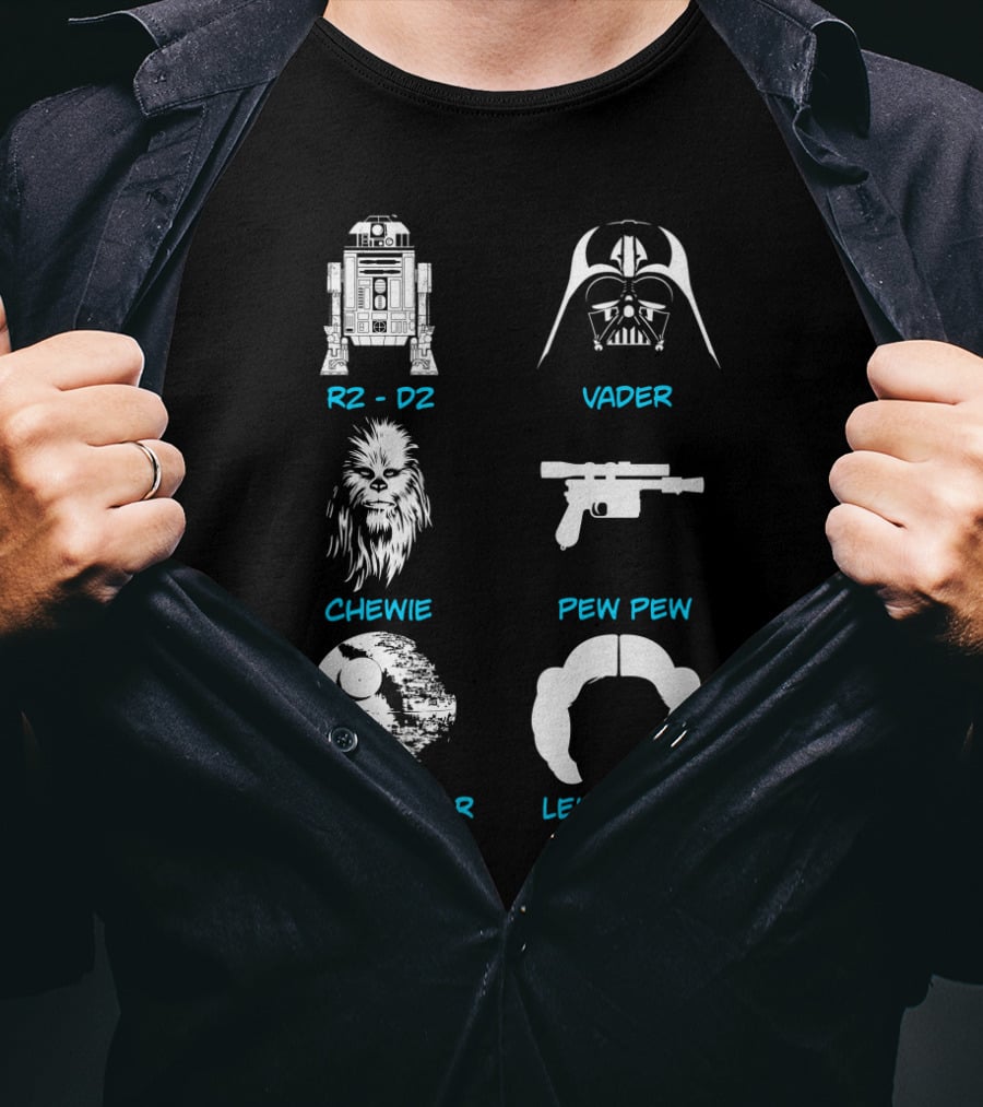 R2-D2 Darth Vader Chewie Pew Pew Death Star Leia's Hair T-Shirt