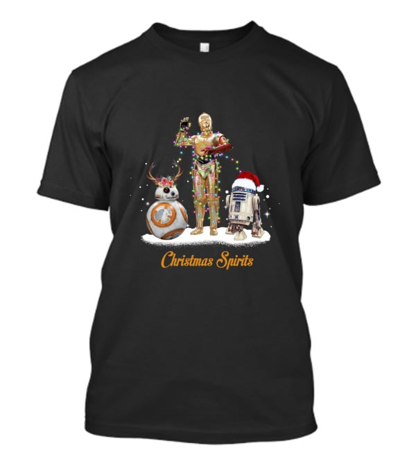 Christmas Spirits Droids Star Wars BB-8 C-3PO R2-D2 Holiday Lights Santa Hat T-Shirt