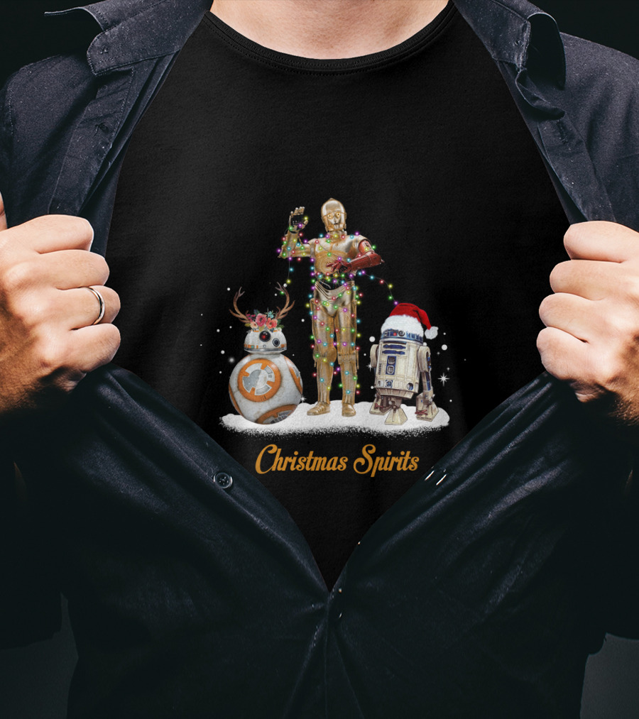 Christmas Spirits Droids Star Wars BB-8 C-3PO R2-D2 Holiday Lights Santa Hat T-Shirt