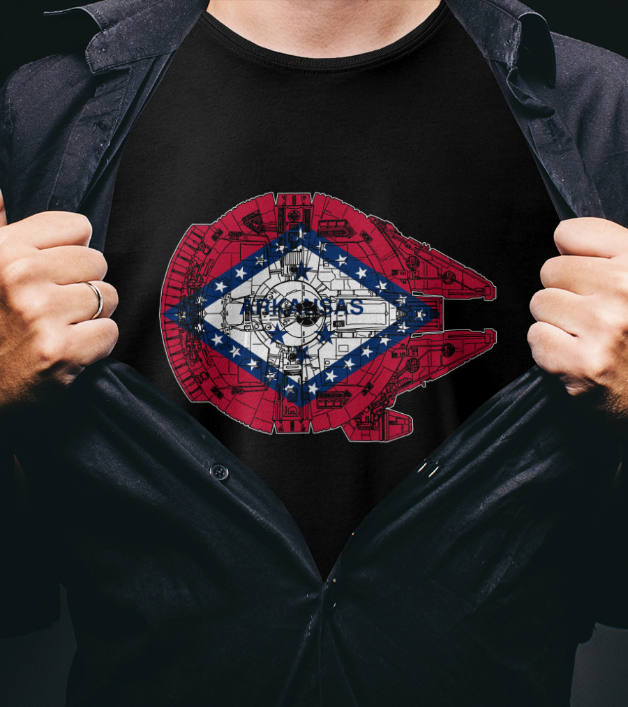 Arkansas Flag Overlaid On Millennium Falcon T-Shirt