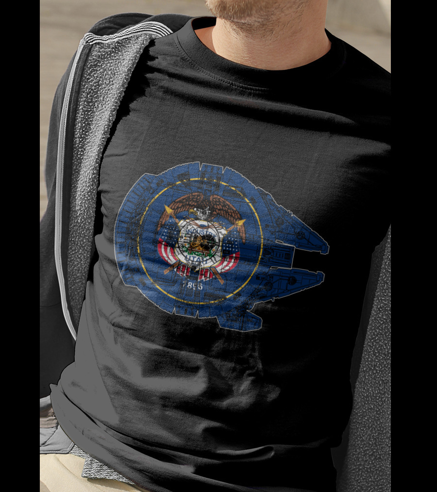 Utah State Flag And Millennium Falcon Blueprint Fusion T-Shirt