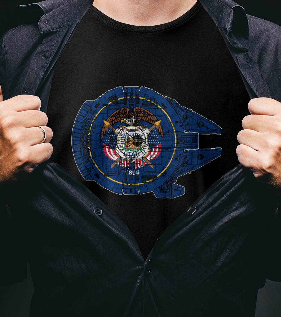 Utah State Flag And Millennium Falcon Blueprint Fusion T-Shirt