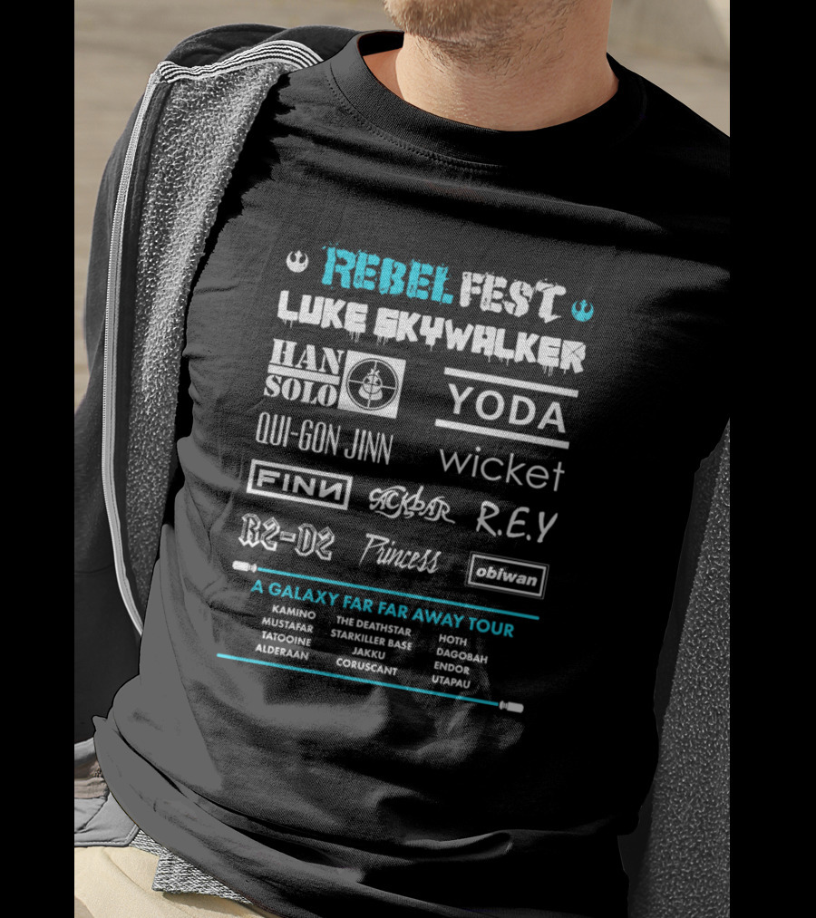 Rebel Fest Luke Skywalker Han Solo Yoda Qui-Gon Jinn Finn R2-D2 A Galaxy Far Far Away Tour T-Shirt