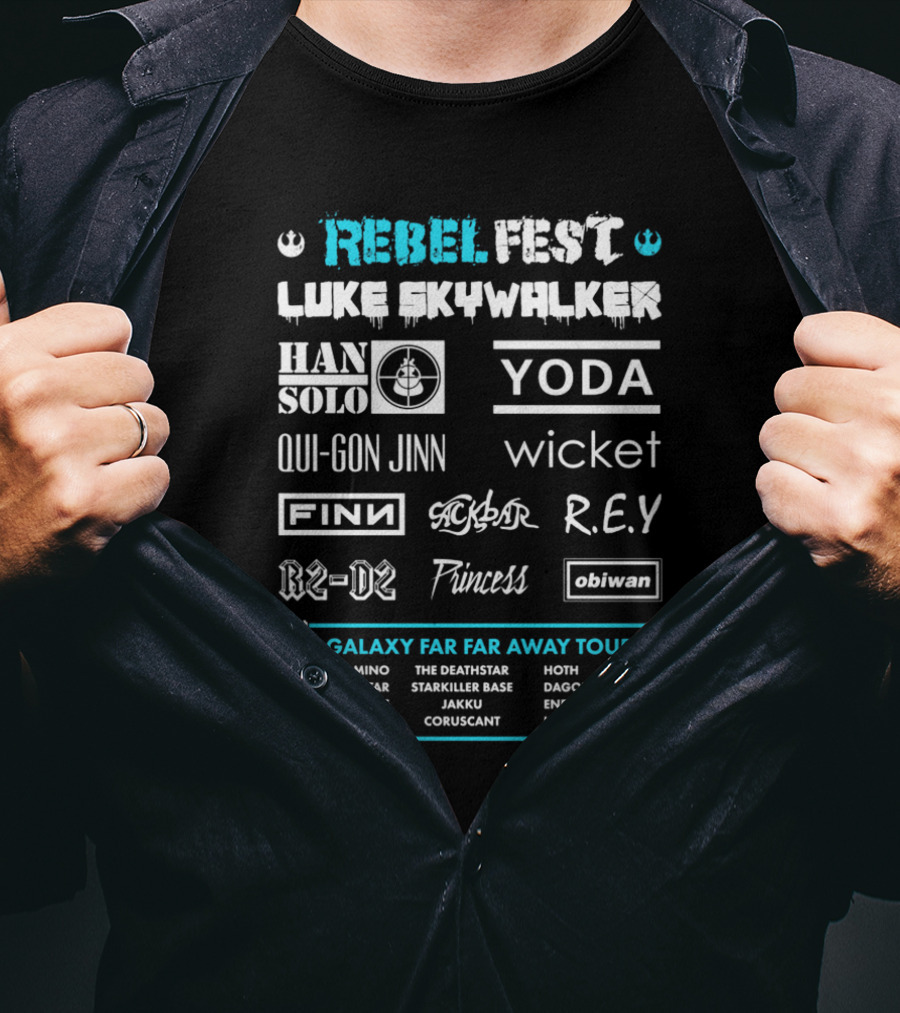Rebel Fest Luke Skywalker Han Solo Yoda Qui-Gon Jinn Finn R2-D2 A Galaxy Far Far Away Tour T-Shirt