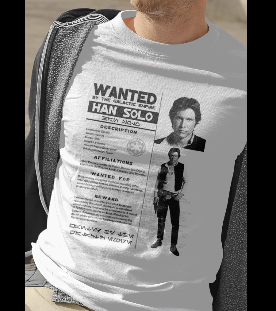 Wanted By The Galactic Empire Han Solo Description Affiliations Reward T-Shirt