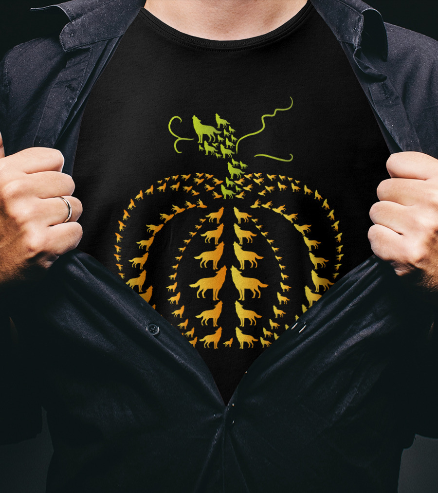 Pumpkin Wolf Howling Wolves Pattern Mens Womens For Wolf Lovers T-Shirt