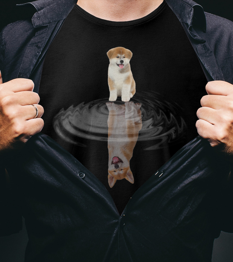 Akita Mirror Reflection With Puppy And Water Surface T-Shirt
