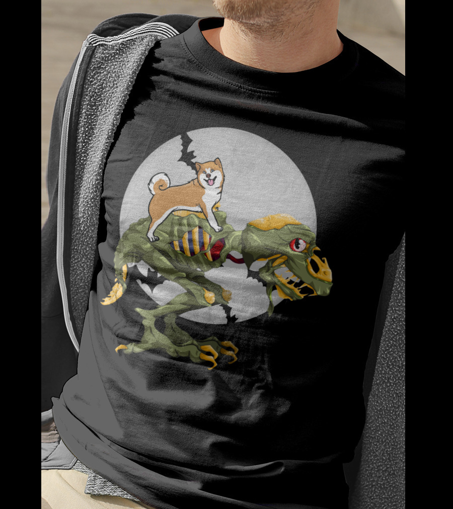 Akita Riding Dinosaur Skeleton Under Full Moon With Bats T-Shirt