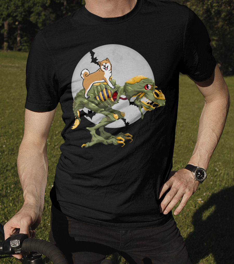 Akita Riding Dinosaur Skeleton Under Full Moon With Bats T-Shirt