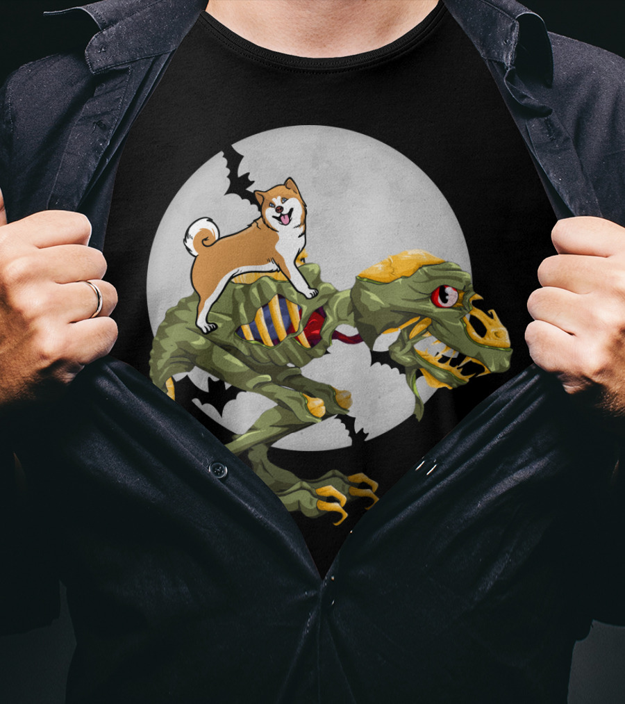 Akita Riding Dinosaur Skeleton Under Full Moon With Bats T-Shirt