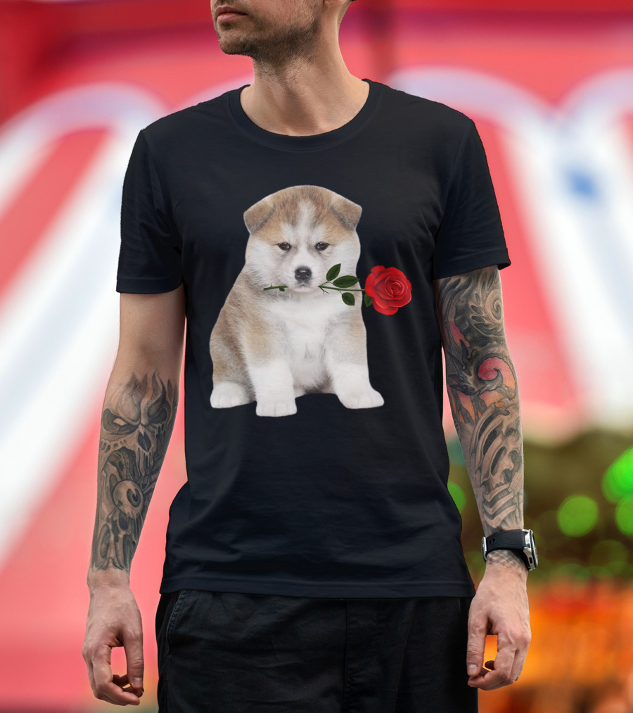 Akita Puppy Holding Red Rose T-Shirt