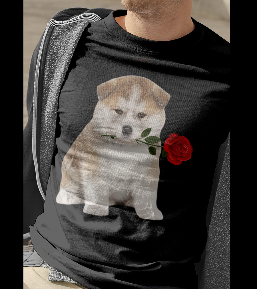 Akita Puppy Holding Red Rose T-Shirt